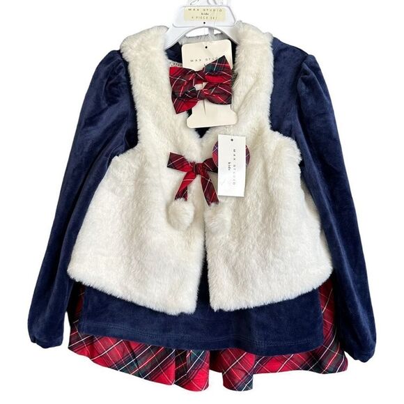 Max Studio Christmas Holiday Set Plaid Skirt Velvet Blouse Fuzzy Vest W/ Bow Acc - Picture 1 of 6